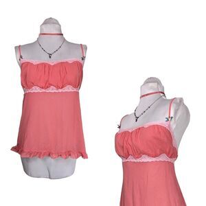 Y2K Victoria Secret Babydoll Top  L Pink Mesh Cami Tank Milkmaid Sheer Coquette